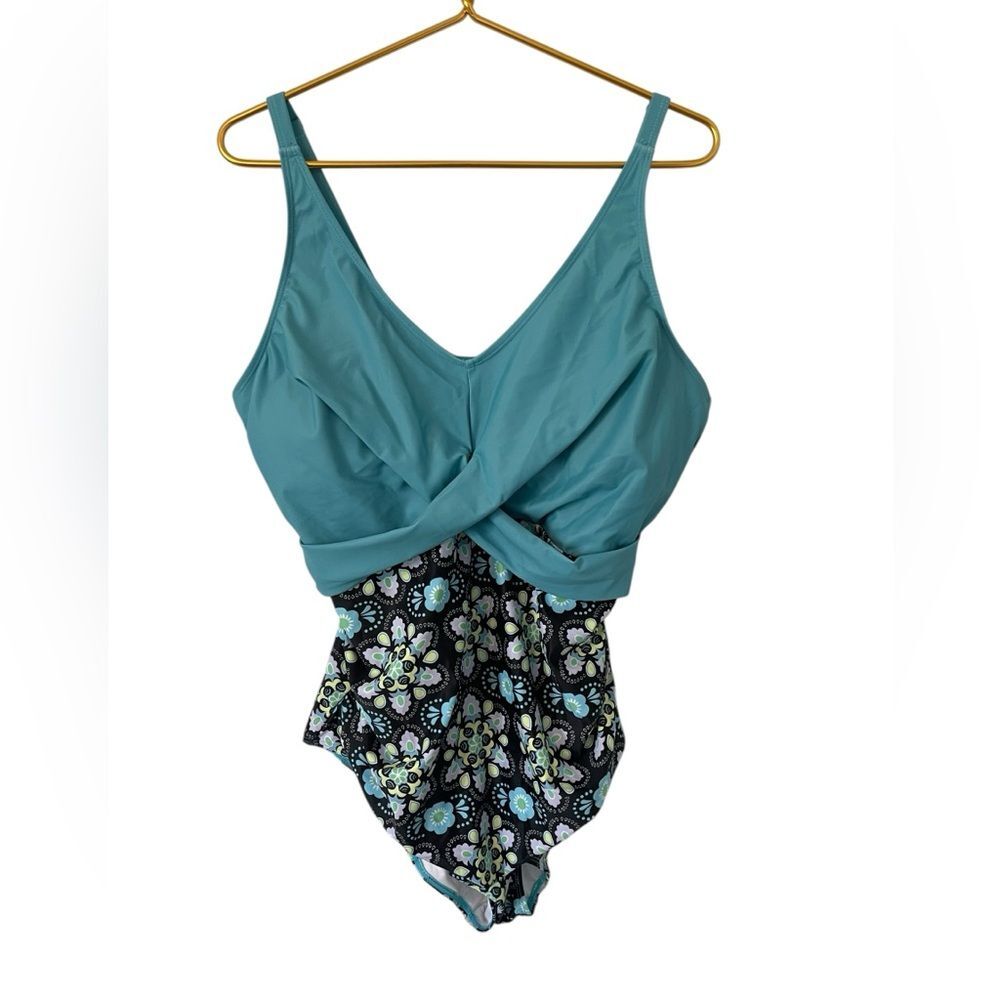 Teal and‎ Floral One-Piece Swimsuit, Woman’s Size XXL